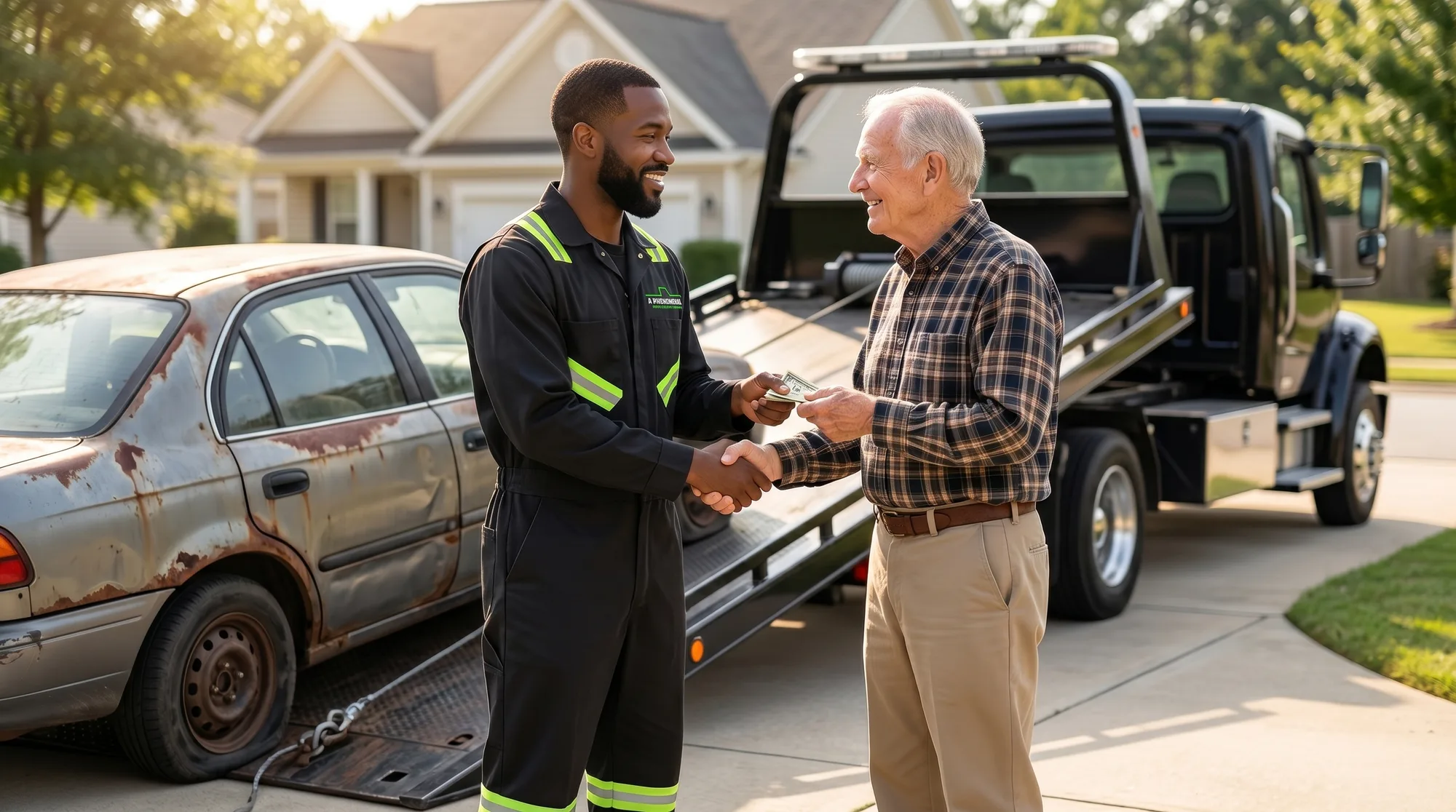 A Phenomenal Towing operator paying cash for a junk car