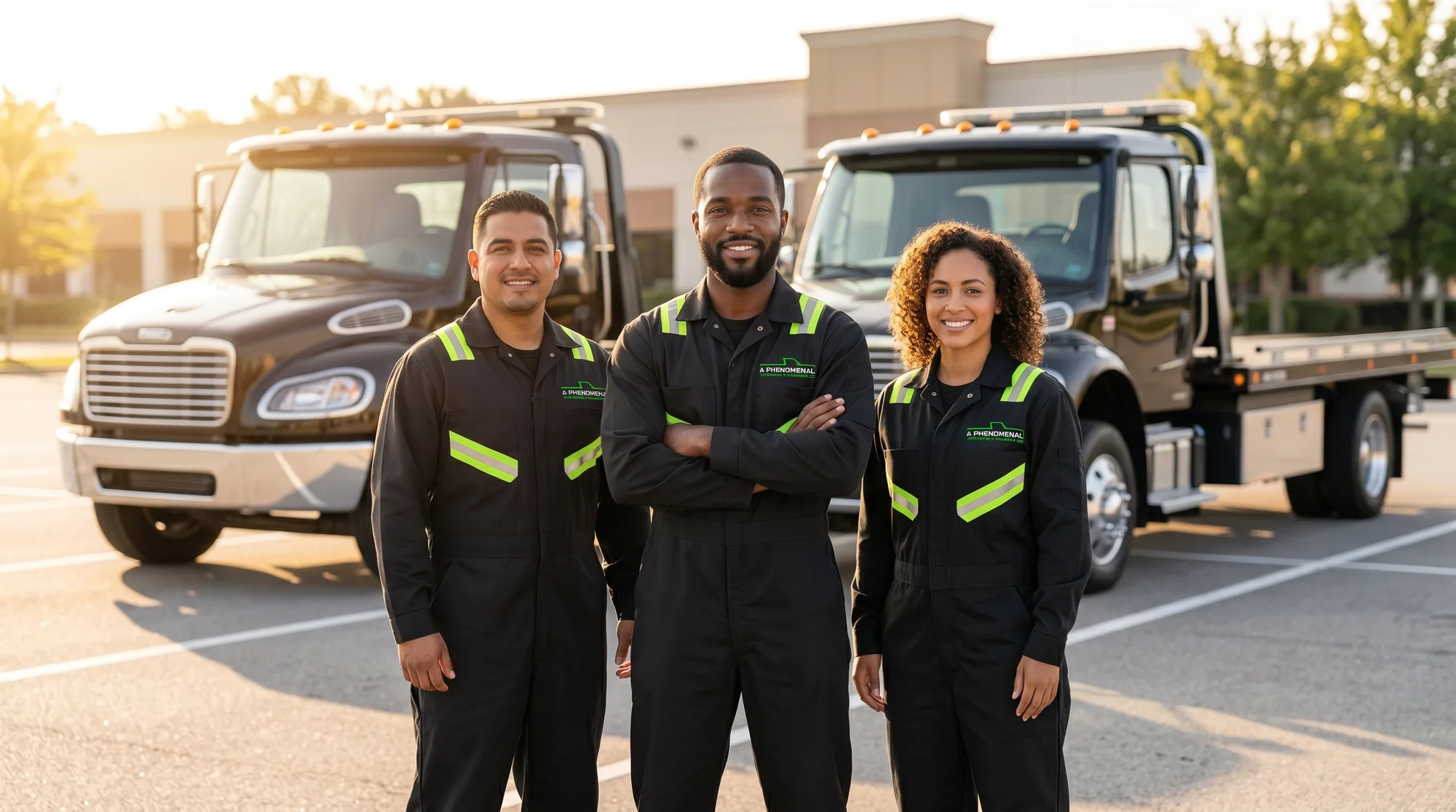 The A Phenomenal Towing & Recovery crew in front of their flatbed tow trucks